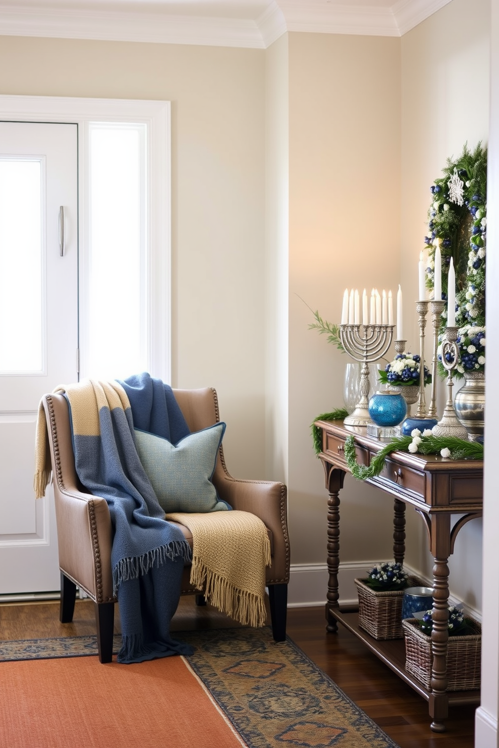 A cozy entryway adorned with warm throw blankets draped over a stylish chair. The space is illuminated by soft lighting, creating an inviting atmosphere perfect for the holiday season. Festive decorations celebrate Hanukkah, featuring a beautifully arranged menorah on a console table. Blue and silver accents complement the warm tones of the throw blankets, enhancing the overall warmth of the entryway.