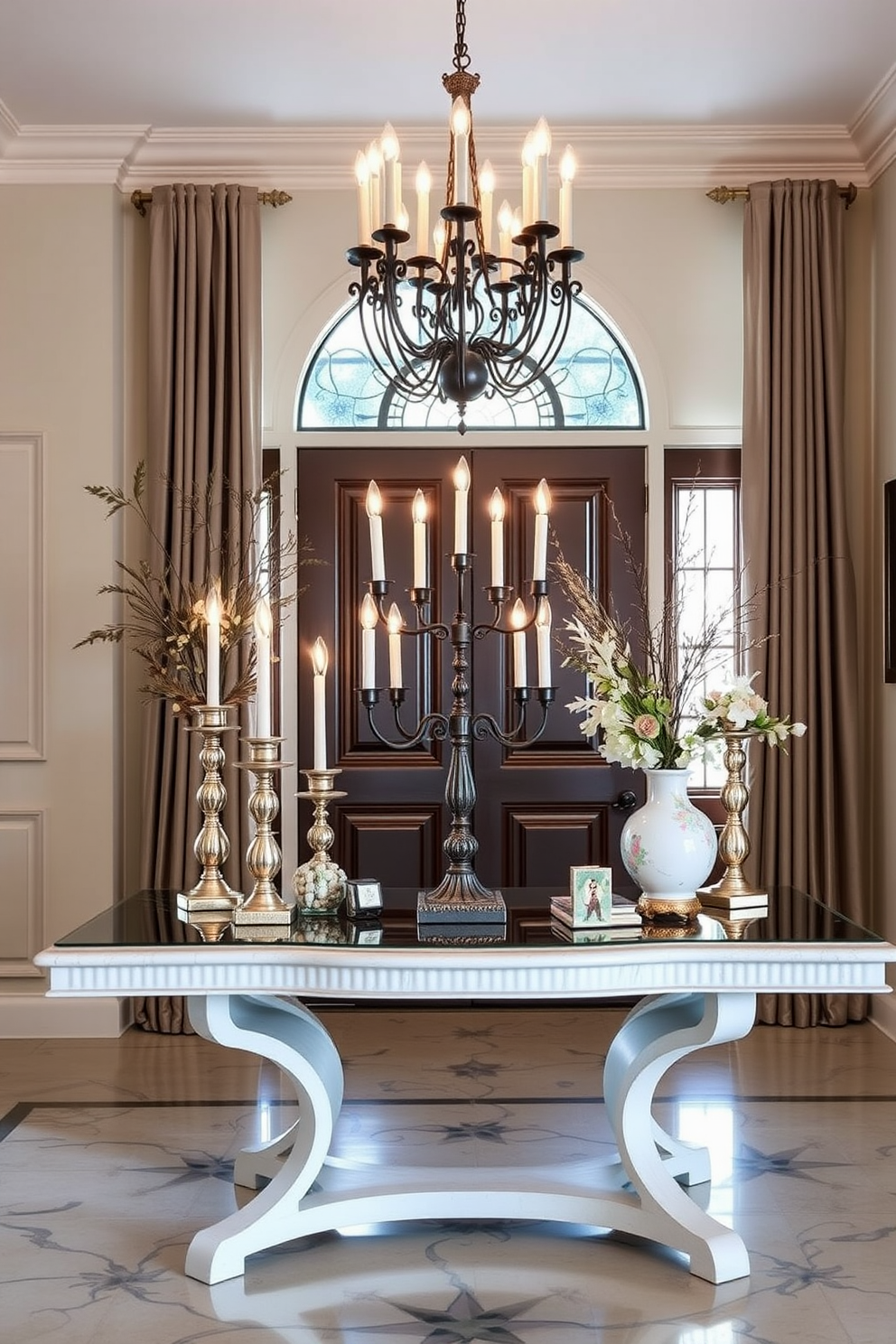 A stunning entryway adorned for Hanukkah. The table features a handmade menorah centerpiece, surrounded by elegant decorative elements that reflect the spirit of the holiday.