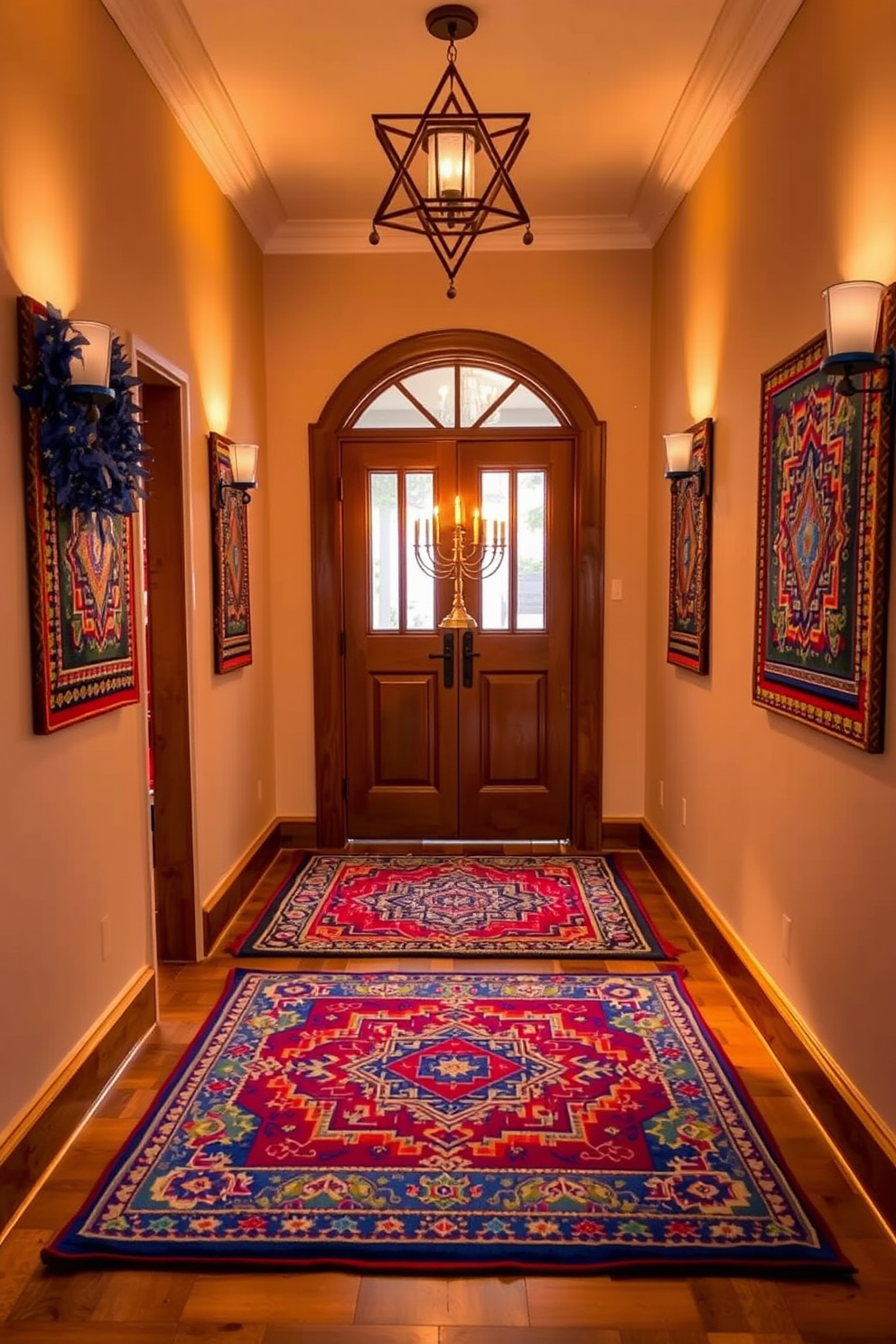 A vibrant entryway adorned with colorful rugs featuring festive patterns that celebrate Hanukkah. The space is illuminated by warm lighting, creating an inviting atmosphere with decorative elements like menorahs and blue and silver accents.