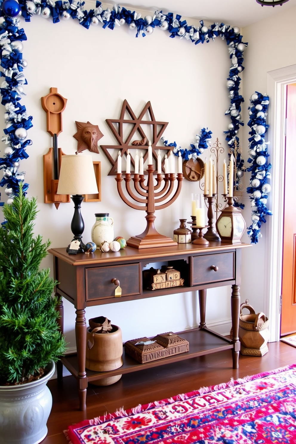 A stylish umbrella stand designed for a festive entryway. It features a sleek metallic finish adorned with holiday-themed decorations, including blue and silver accents that reflect the spirit of Hanukkah.