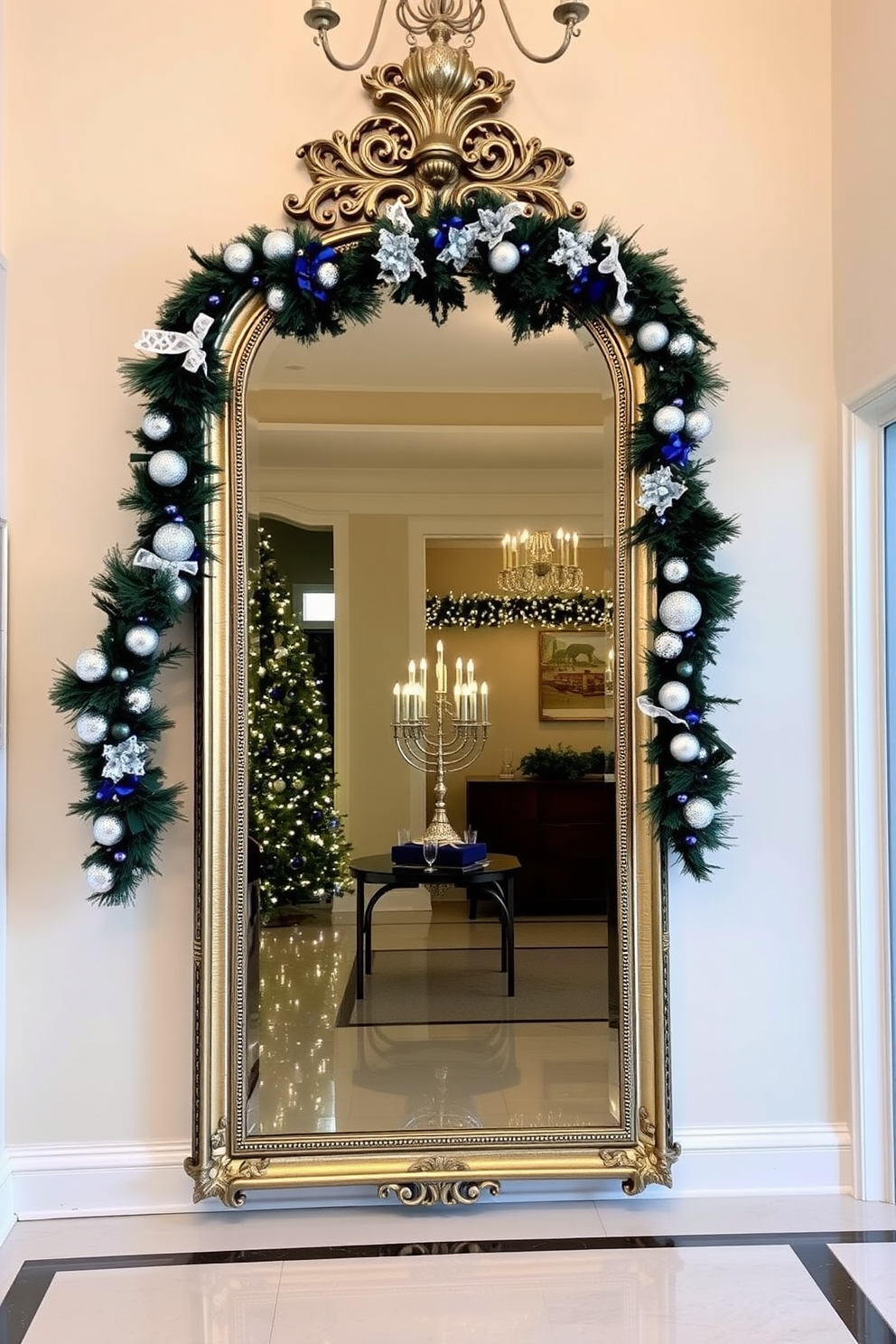 An elegant entryway features a large ornate mirror that beautifully reflects twinkling holiday lights. The space is adorned with festive decorations, including a menorah and garlands in rich blue and silver hues.