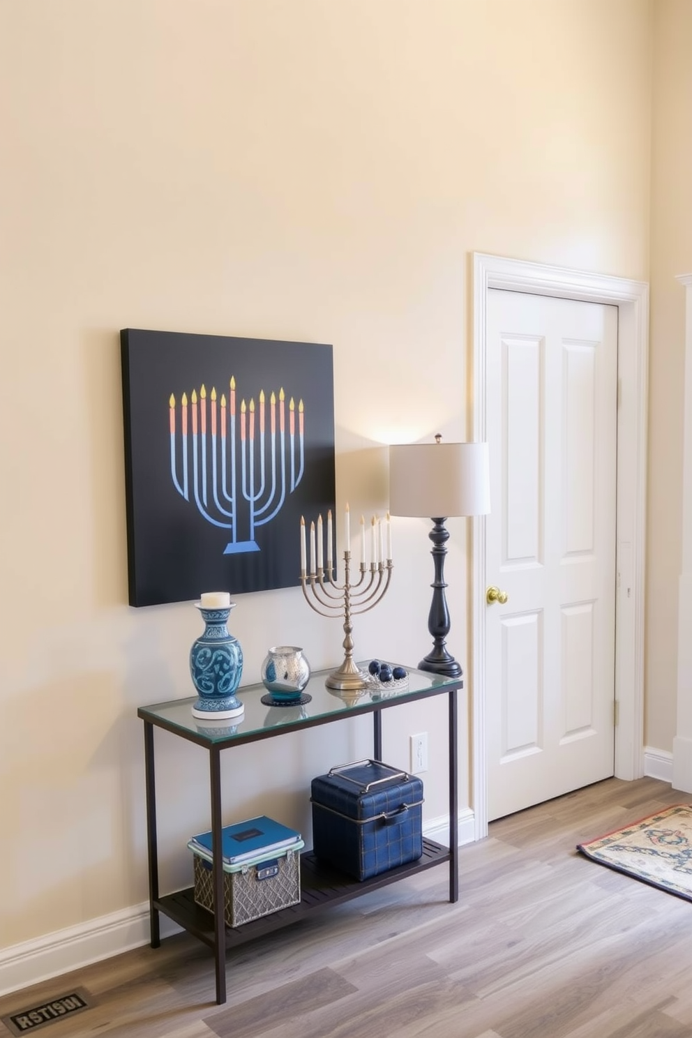 Hanukkah-themed wall art for the entryway. The artwork features a vibrant menorah surrounded by blue and silver accents, creating a festive atmosphere. The wall is adorned with decorative dreidel motifs and star of David symbols. Soft white lights are strung around the entryway to enhance the holiday spirit.