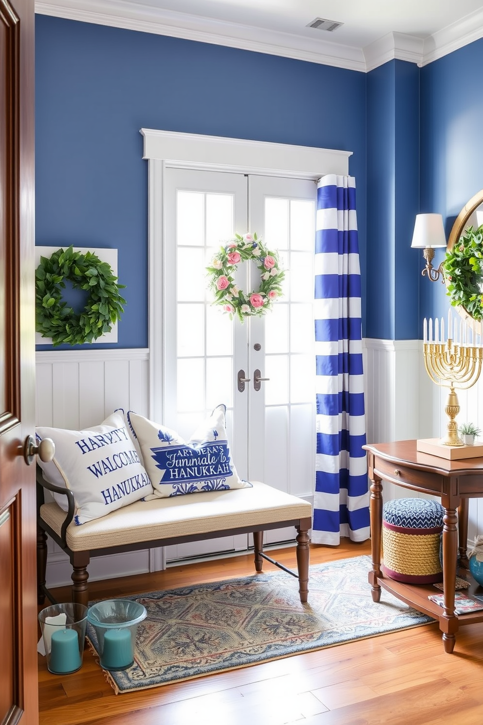 Create a cozy entryway adorned with seasonal pillows featuring festive sayings related to Hanukkah. The space should include a welcoming bench, a decorative menorah on a side table, and a vibrant blue and white color scheme to enhance the holiday spirit.