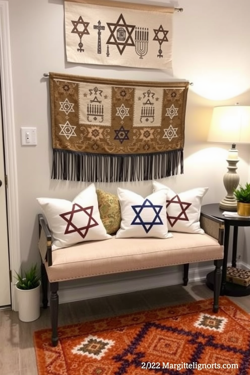 Cozy throw pillows featuring the Star of David are arranged on a soft beige bench in the entryway. The pillows are complemented by a warm, inviting rug that adds a festive touch to the Hanukkah decorations. Above the bench, a decorative wall hanging displays traditional Hanukkah symbols, creating a welcoming atmosphere. Soft lighting from a nearby lamp enhances the cozy feel, making the entryway a perfect spot for holiday gatherings.