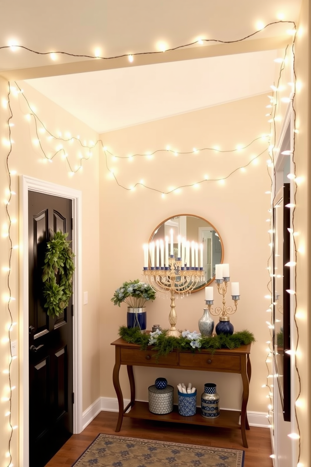 A cozy entryway adorned with LED string lights elegantly wrapped around the door frame creating a warm and inviting atmosphere. Festive decorations for Hanukkah are tastefully arranged on a small console table, featuring a beautiful menorah and decorative dreidels.