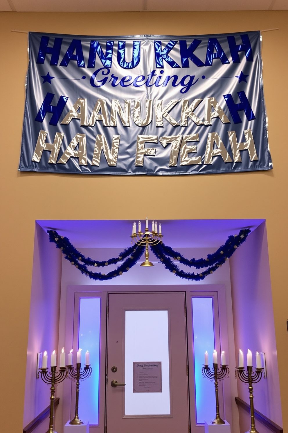 A festive Hanukkah greeting banner stretches across the wall, adorned with vibrant blue and silver colors. Below the banner, the entryway is decorated with menorahs, dreidels, and soft blue lighting to create a warm and inviting atmosphere.