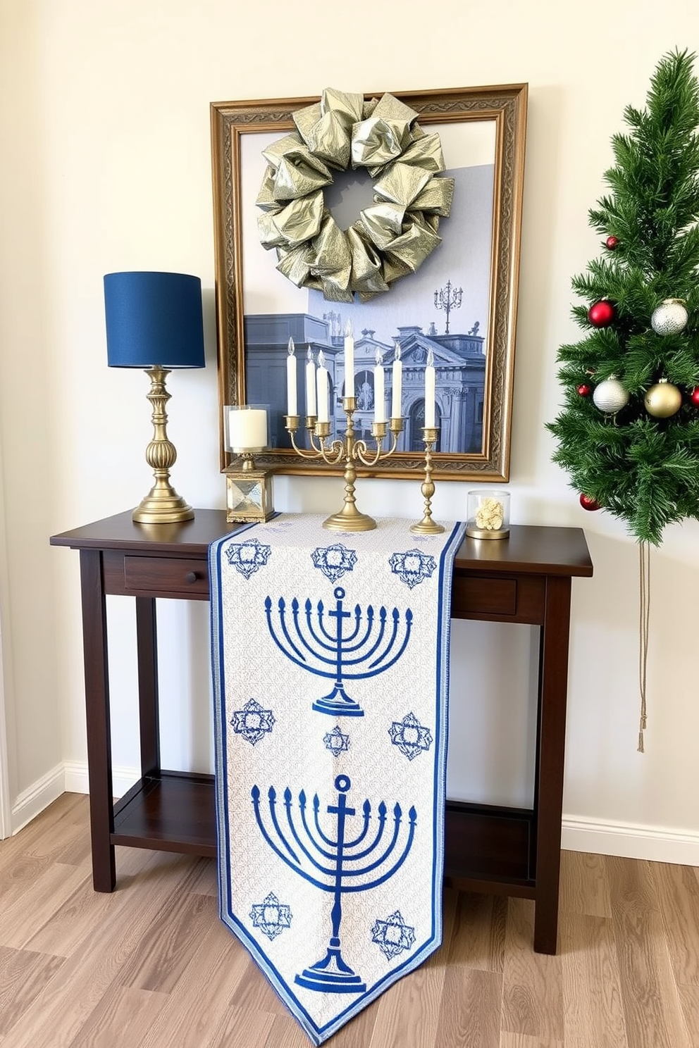 A stylish entryway adorned for Hanukkah features a table runner showcasing a menorah pattern. The runner is placed on a console table, complemented by decorative candles and festive ornaments that enhance the holiday spirit.