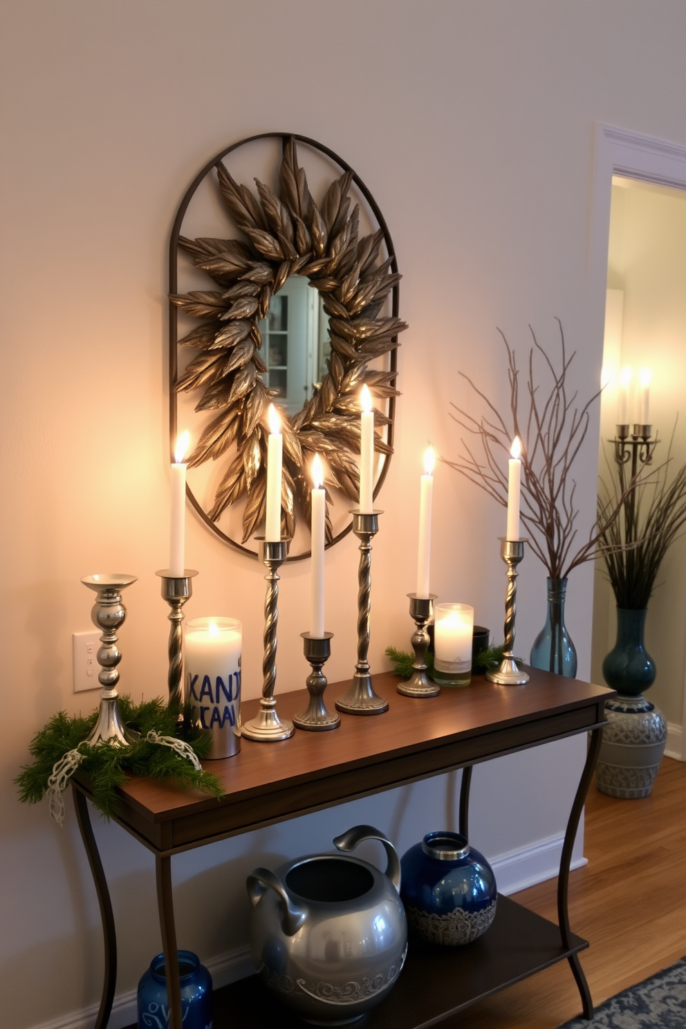 A warm and inviting entryway adorned with seasonal candles in decorative holders. The soft glow of the candles creates a cozy atmosphere, enhancing the festive spirit of Hanukkah. The entryway features a beautifully arranged display of blue and silver accents, reflecting the colors of the holiday. A stylish console table holds the candles, surrounded by decorative elements that celebrate the season.