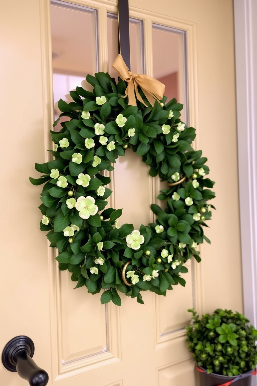 A charming entryway adorned for St. Patrick's Day features a lush green wreath embellished with delicate shamrocks and elegant gold accents. The wreath hangs proudly on the door, welcoming guests with a festive touch that sets a cheerful tone for the home.