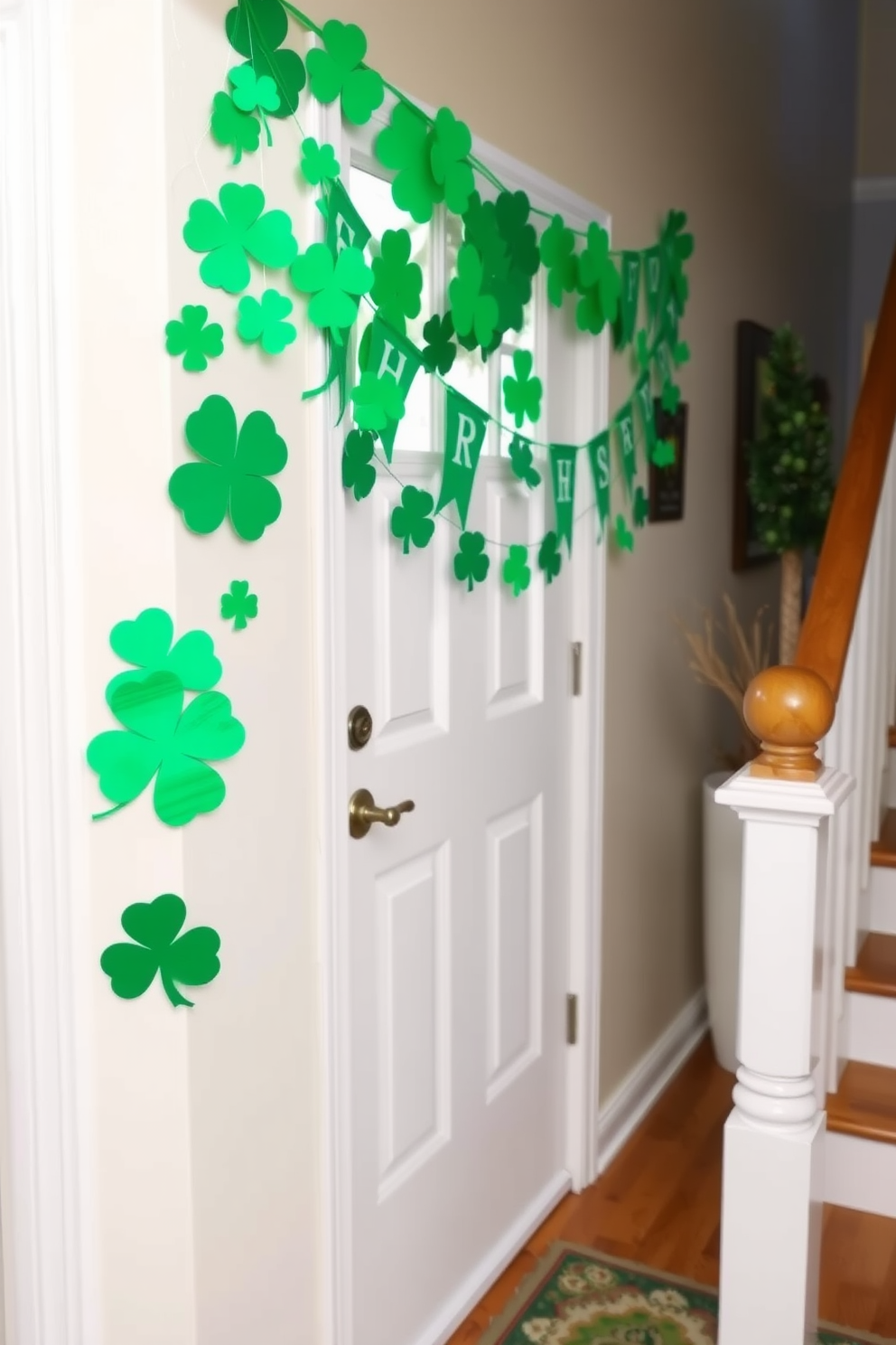 A charming entryway adorned with DIY shamrock banners gracefully draped across the wall. The vibrant green banners add a festive touch, welcoming guests into the home with a playful St. Patrick's Day spirit.