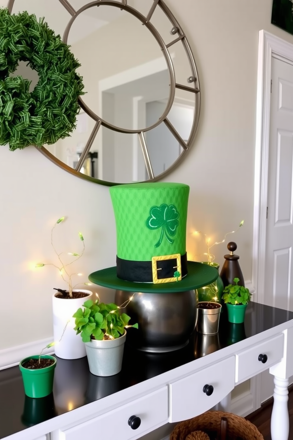 A charming entryway features a console table adorned with a vibrant leprechaun hat as the centerpiece. Surrounding the hat are small potted shamrocks and twinkling fairy lights, creating a festive atmosphere for St. Patrick's Day.