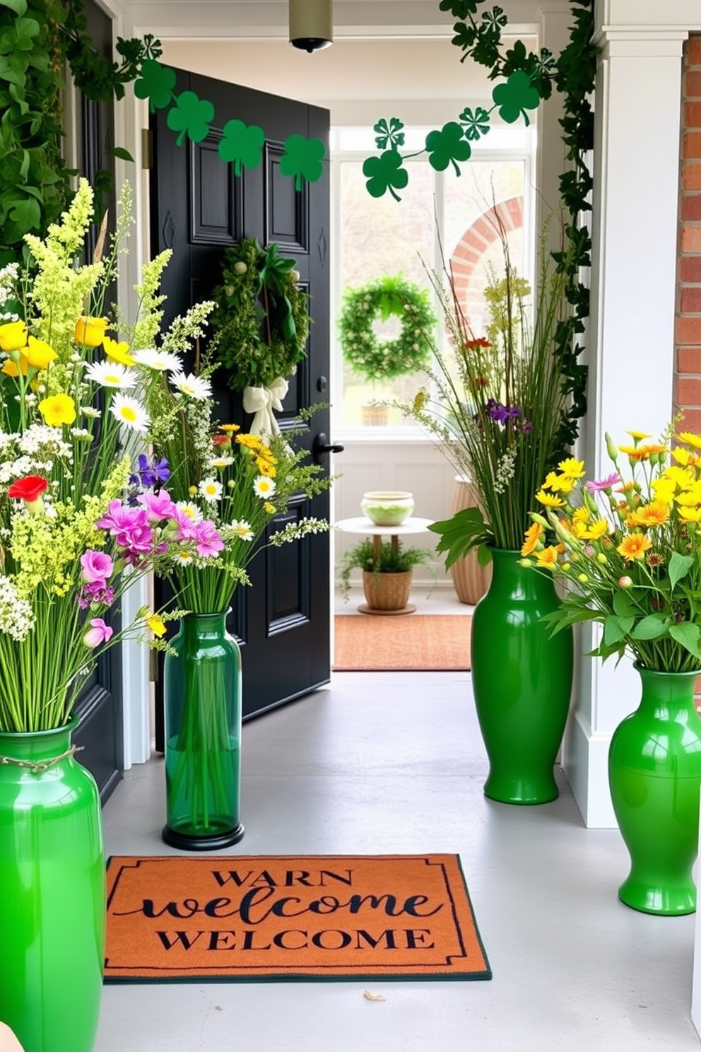 A charming entryway adorned with fresh wildflowers in vibrant green vases. The space is enhanced by festive St. Patrick's Day decorations, featuring shamrock garlands and a warm welcome mat.