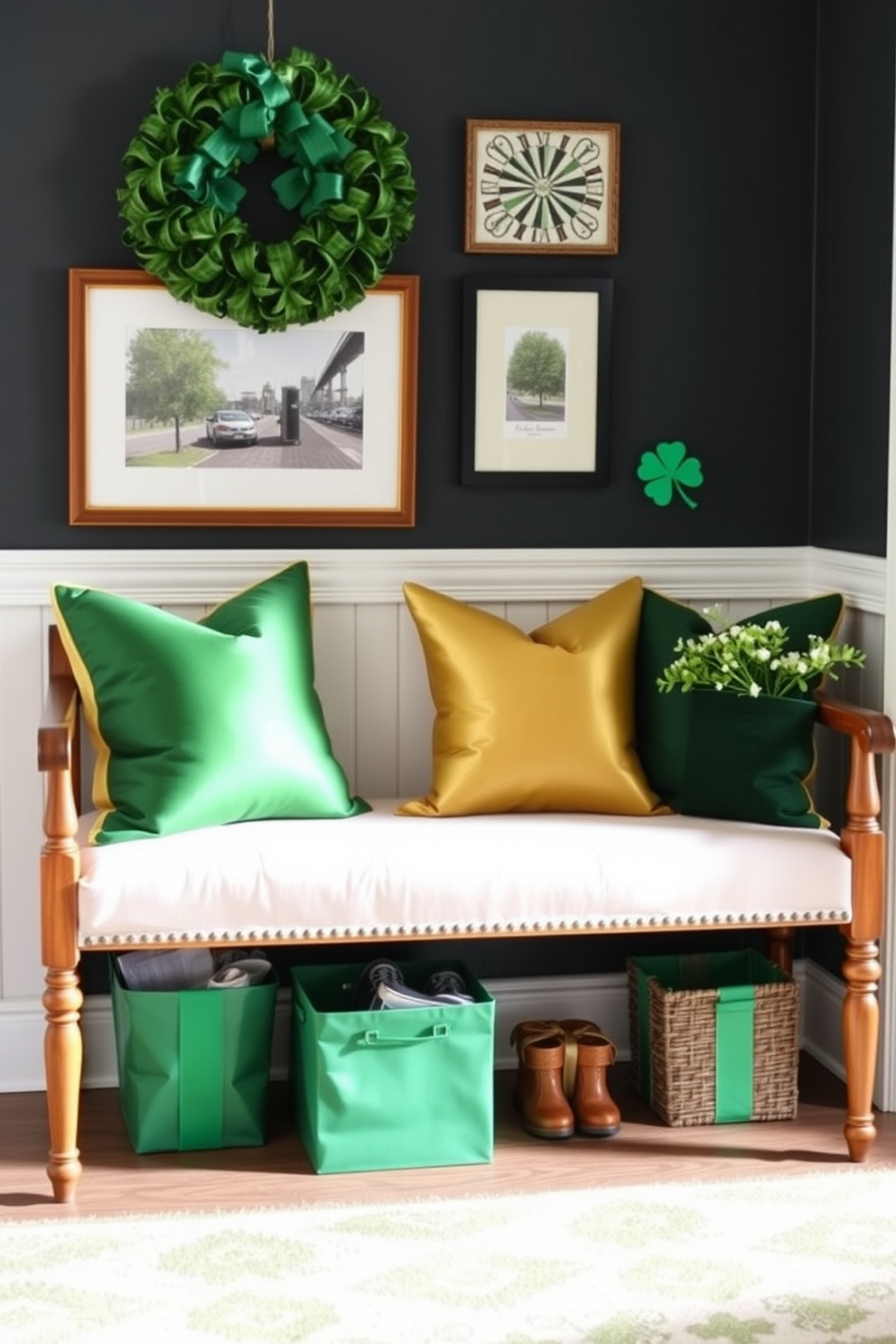 A stylish entryway features a long wooden bench adorned with green and gold throw pillows that add a touch of elegance. The space is decorated with festive St. Patrick's Day elements, including shamrock accents and cheerful greenery.