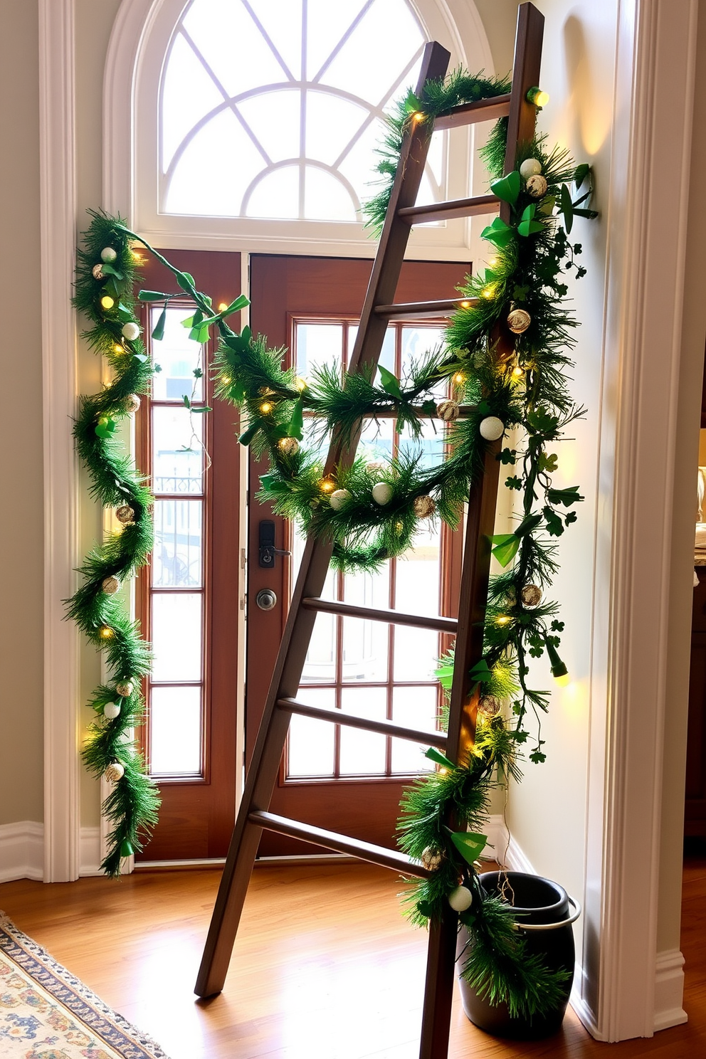 A charming entryway adorned with a vibrant floral arrangement featuring fresh white daisies and lush greens. The arrangement is placed in a rustic ceramic vase on a small wooden console table. For St. Patrick's Day, the entryway is decorated with playful green accents and whimsical shamrock motifs. A festive wreath made of green foliage and gold accents hangs on the front door, welcoming guests with holiday cheer.