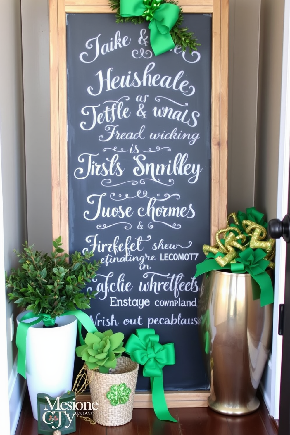 A charming entryway decorated for St. Patrick's Day features shelves adorned with miniature leprechaun figurines in various poses. The walls are painted a soft cream color, and a vibrant green welcome mat greets guests at the door.