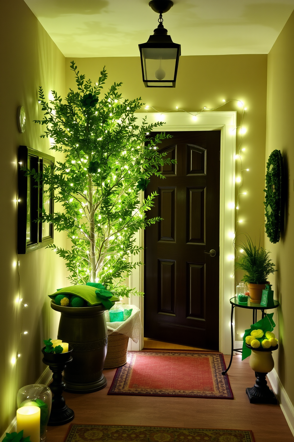 A charming entryway adorned with fairy lights wrapped around a lush green tree, creating a warm and inviting atmosphere. The soft glow of the lights enhances the festive spirit, making it a perfect welcome for guests. Decorative elements inspired by St. Patrick's Day are tastefully arranged throughout the entryway. Shamrock accents and vibrant green decor complement the fairy lights, celebrating the holiday in style.