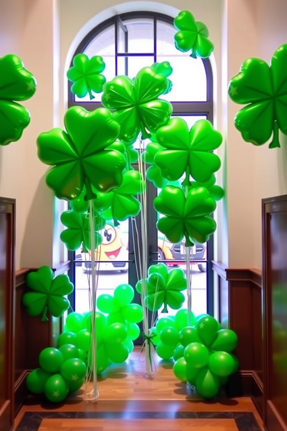 Giant shamrock balloons fill the entryway with festive cheer. They are arranged in clusters, creating a vibrant welcome for guests celebrating St. Patrick's Day.