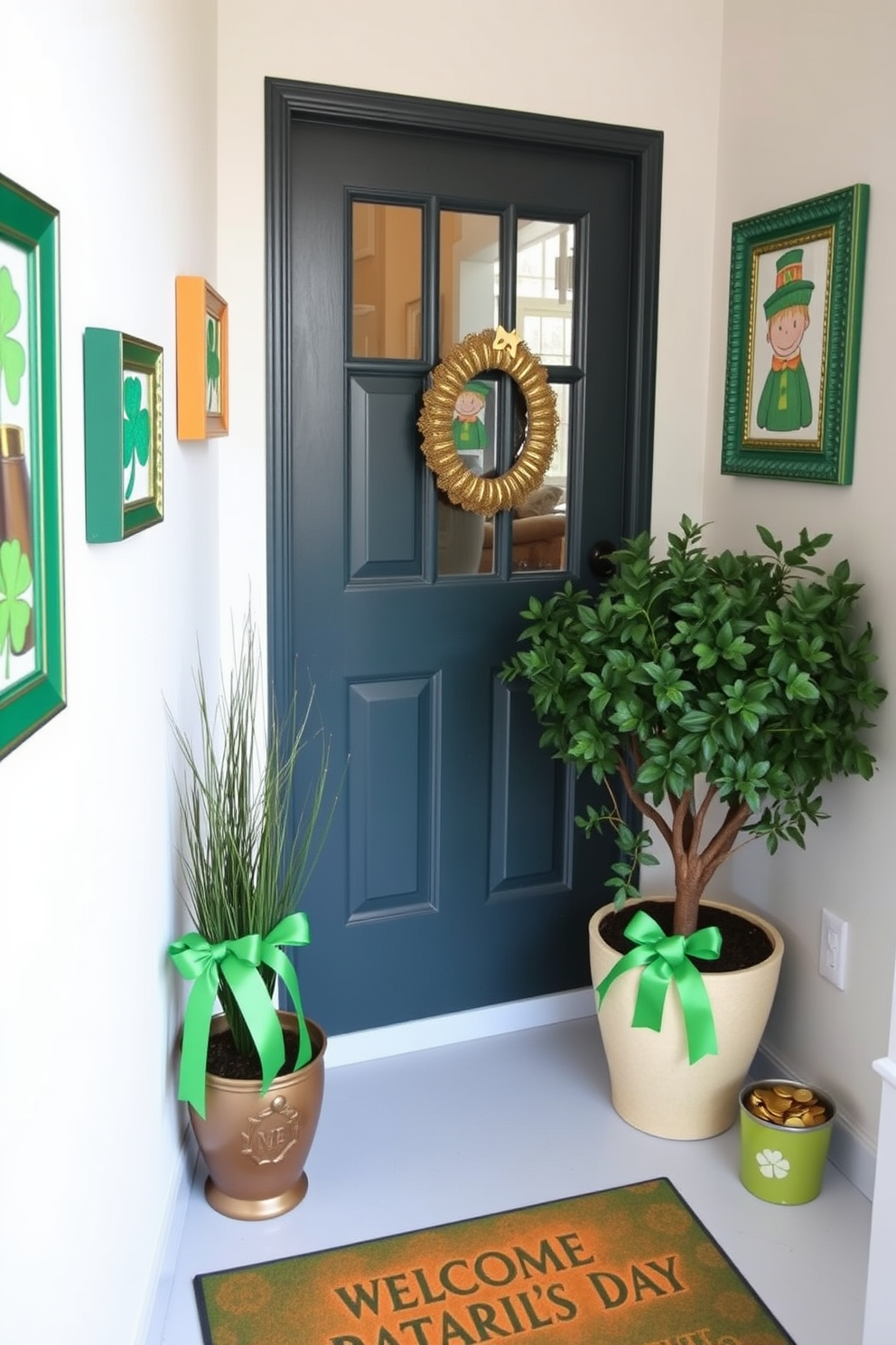 Create a charming entryway decorated for St. Patrick's Day. The walls are adorned with festive picture frames featuring green and gold accents, displaying images of shamrocks and leprechauns. A welcome mat with a playful St. Patrick's Day greeting is placed at the entrance. Potted plants with green ribbons and small decorative pots filled with gold coins enhance the festive atmosphere.