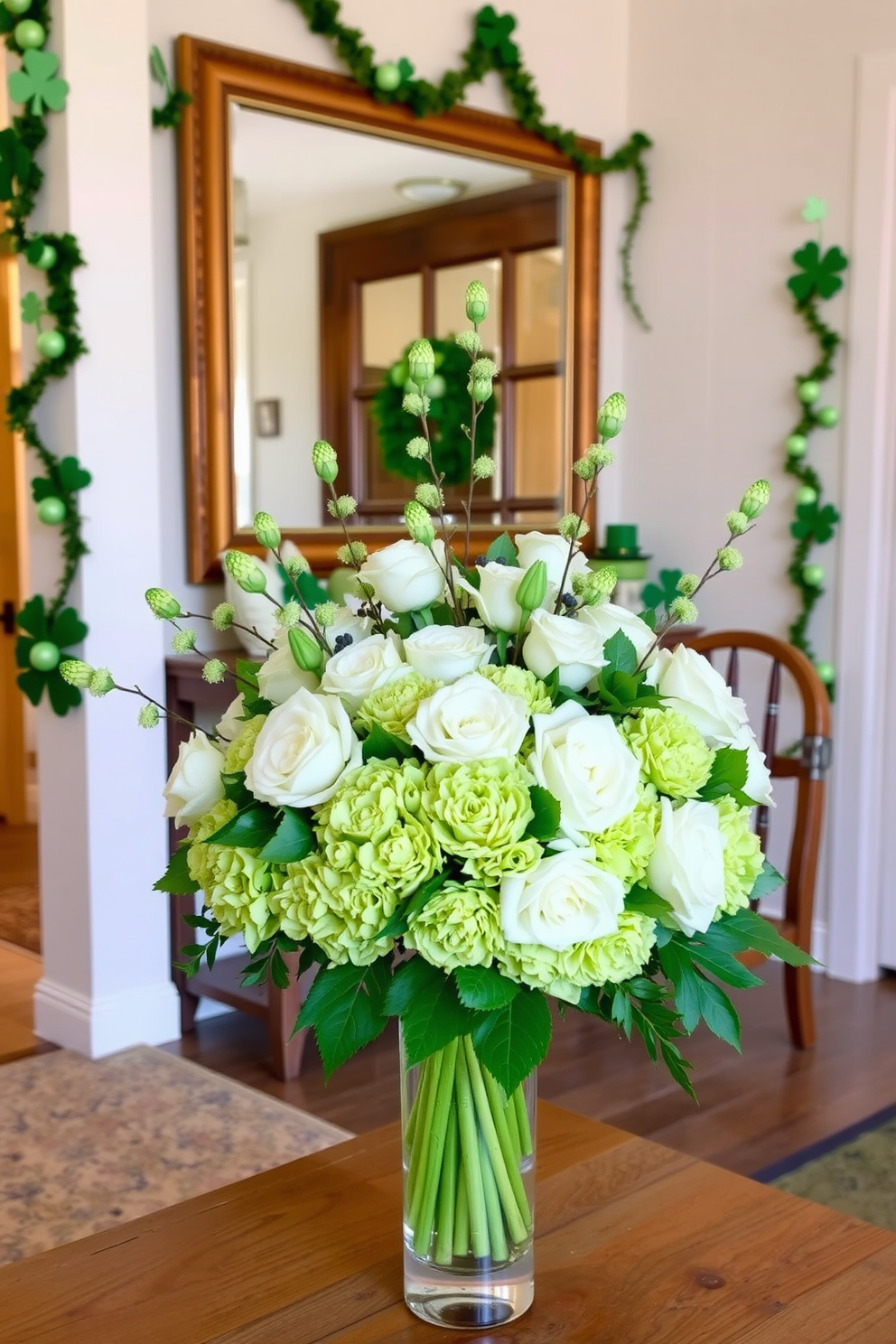 Hanging green banners with festive messages create a cheerful atmosphere in the entryway. The vibrant colors and playful designs welcome guests and set the tone for St. Patrick's Day celebrations.