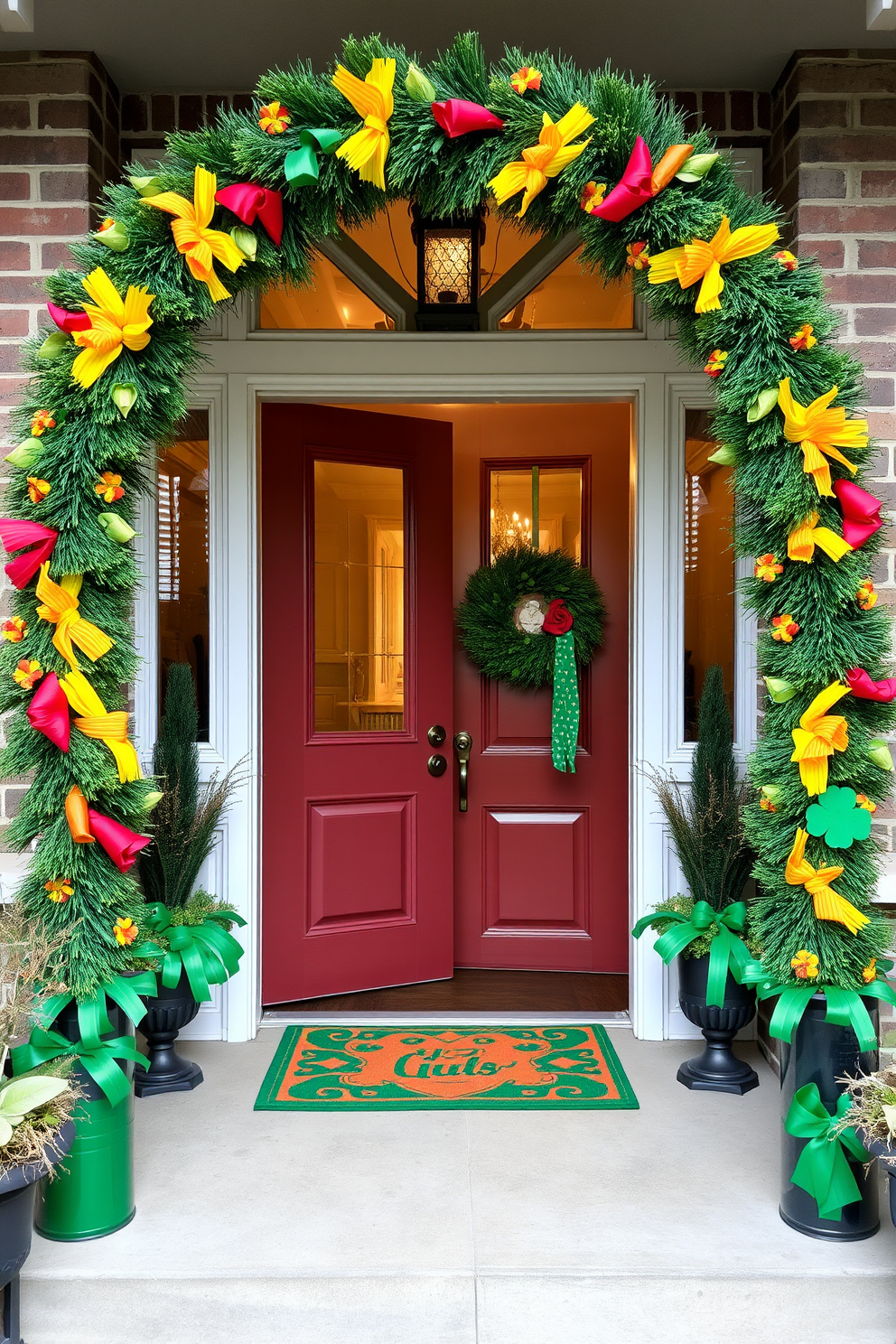 A vibrant rainbow garland is elegantly draped over the doorway, welcoming guests with its cheerful colors. The entryway is adorned with festive St. Patrick's Day decorations, featuring green accents and playful shamrocks to create a warm and inviting atmosphere.