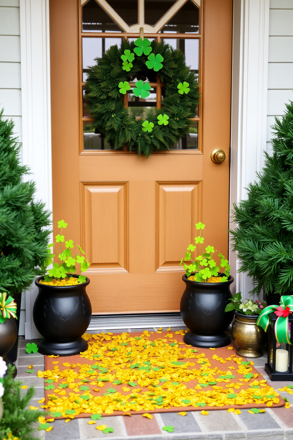 A charming entryway adorned with miniature pots of gold placed on either side of the door. The pots are filled with vibrant green clovers and surrounded by festive St. Patrick's Day decorations.