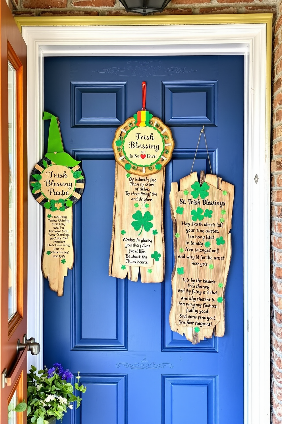 A charming entryway adorned with seasonal door hangers featuring Irish blessings. The door hangers are crafted from natural materials, showcasing intricate designs and vibrant colors that celebrate St. Patrick's Day.