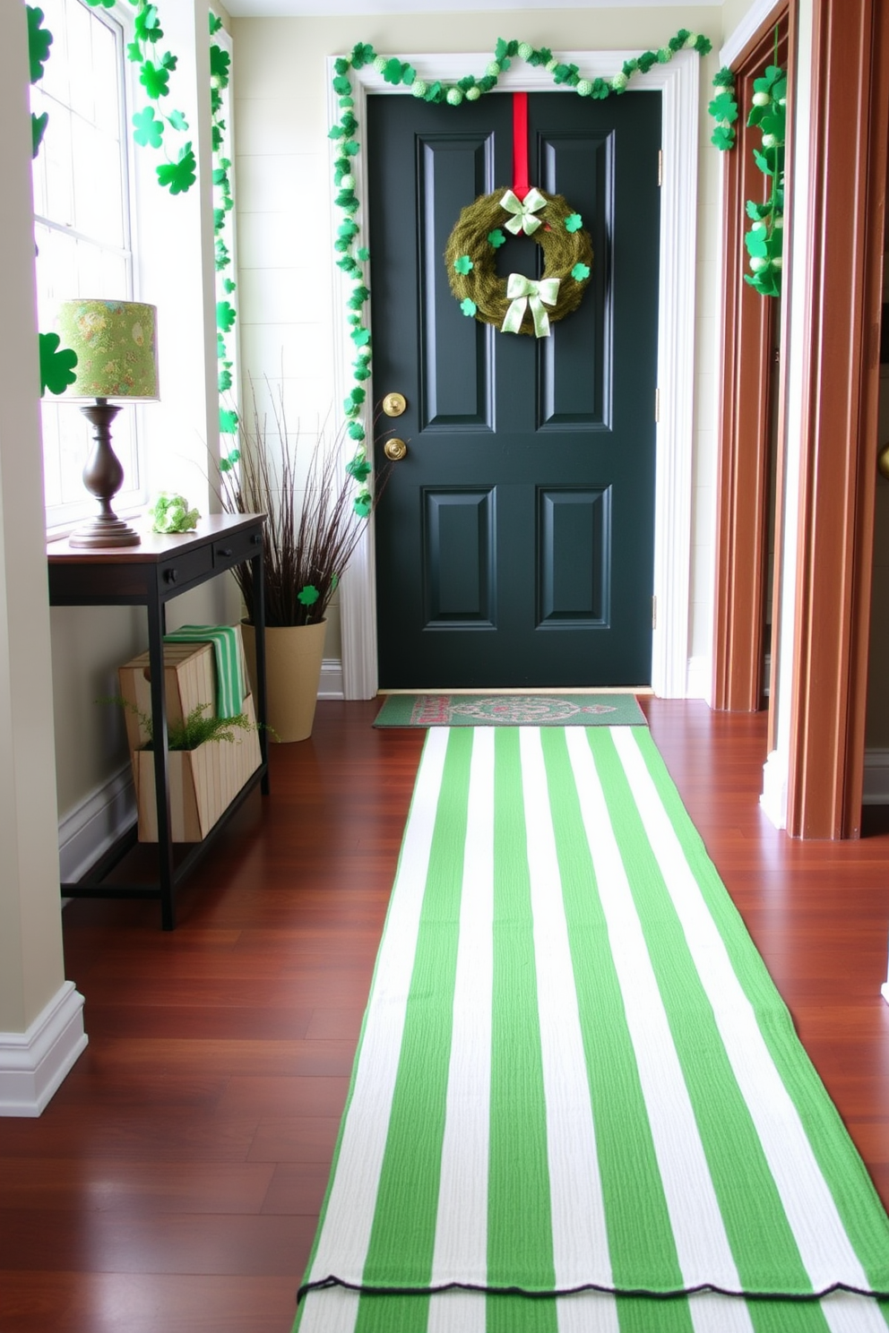 A welcoming entryway features a green and white striped runner laid across the floor. The space is adorned with festive St. Patrick's Day decorations, including shamrock garlands and a cheerful wreath on the door.