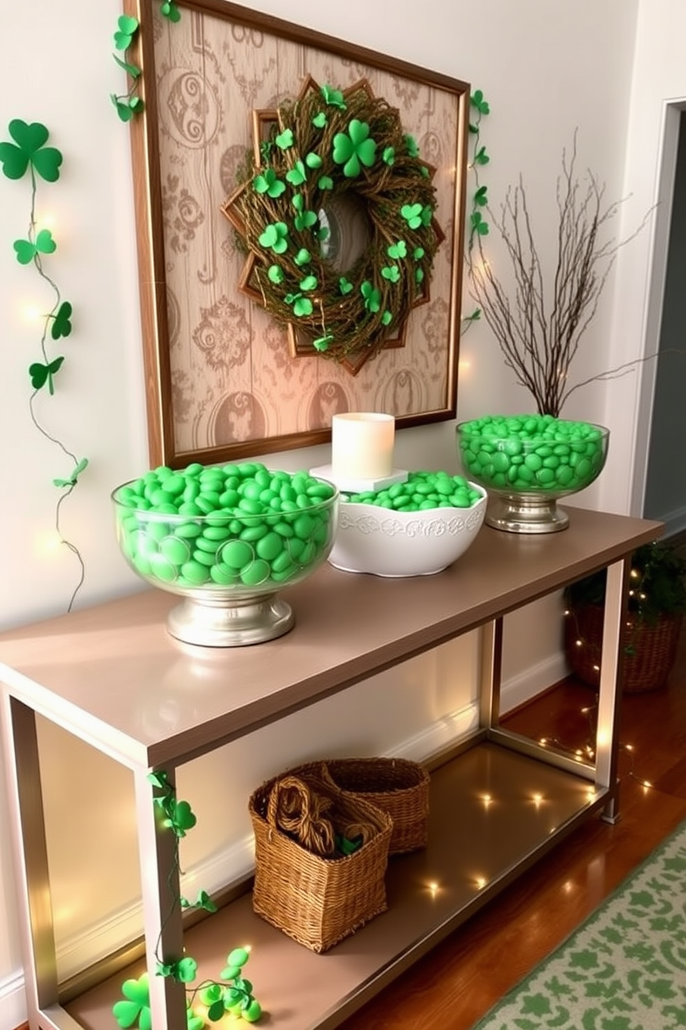 A charming entryway adorned for St. Patrick's Day features decorative bowls filled with vibrant green candies. The bowls are artfully arranged on a sleek console table, complemented by seasonal accents like shamrock garlands and twinkling fairy lights.