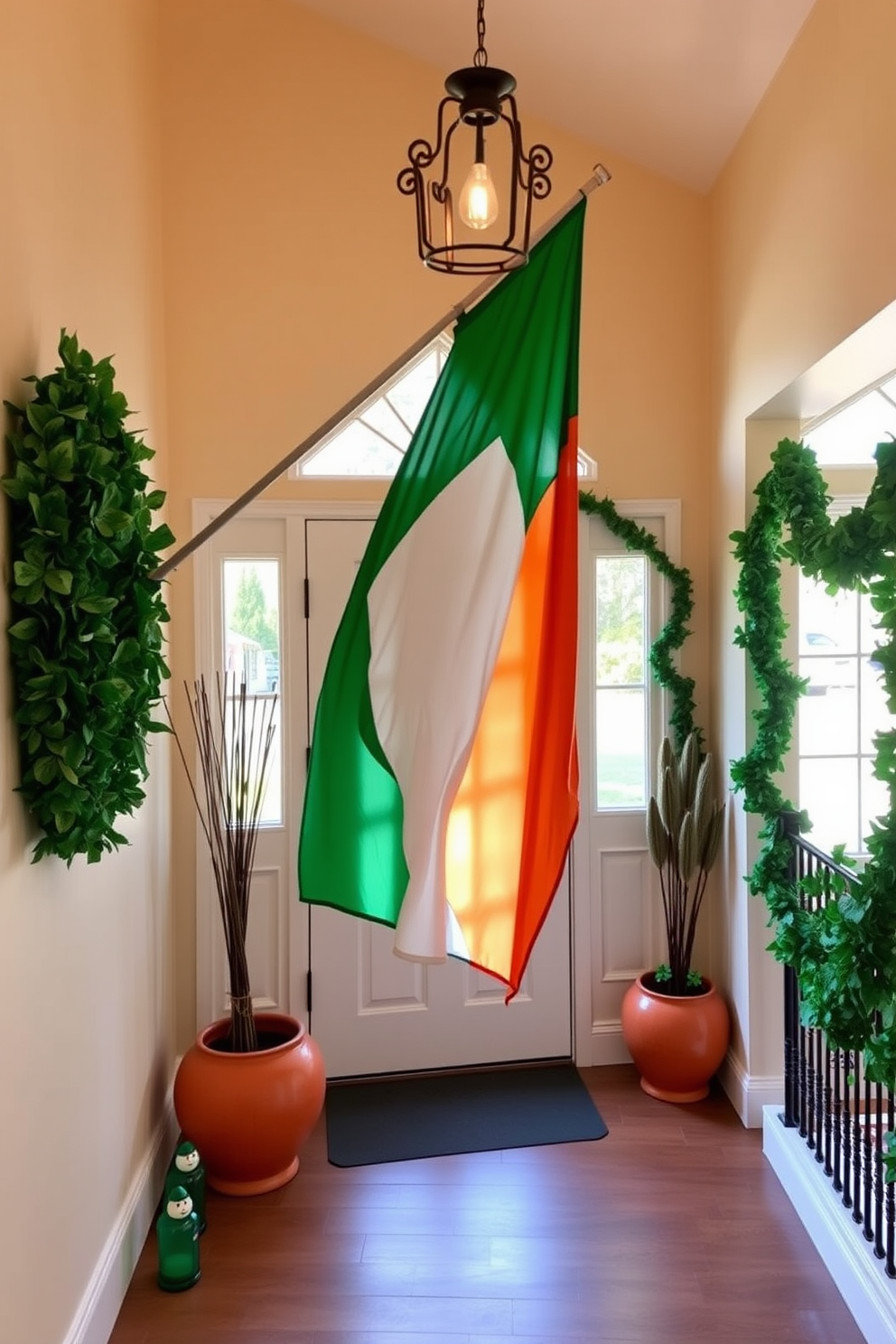 A welcoming entryway adorned with a vibrant Irish flag gracefully hanging near the entrance. The space is enhanced with festive St. Patrick's Day decorations, including green garlands and cheerful shamrock accents.