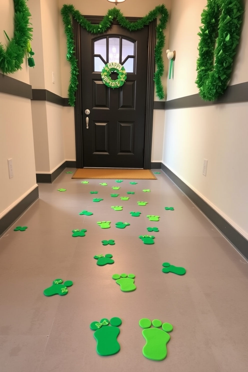 Leprechaun footprints are scattered across the entryway floor, creating a whimsical path leading directly to the door. The walls are adorned with festive St. Patrick's Day decorations, featuring green garlands and cheerful shamrock accents.