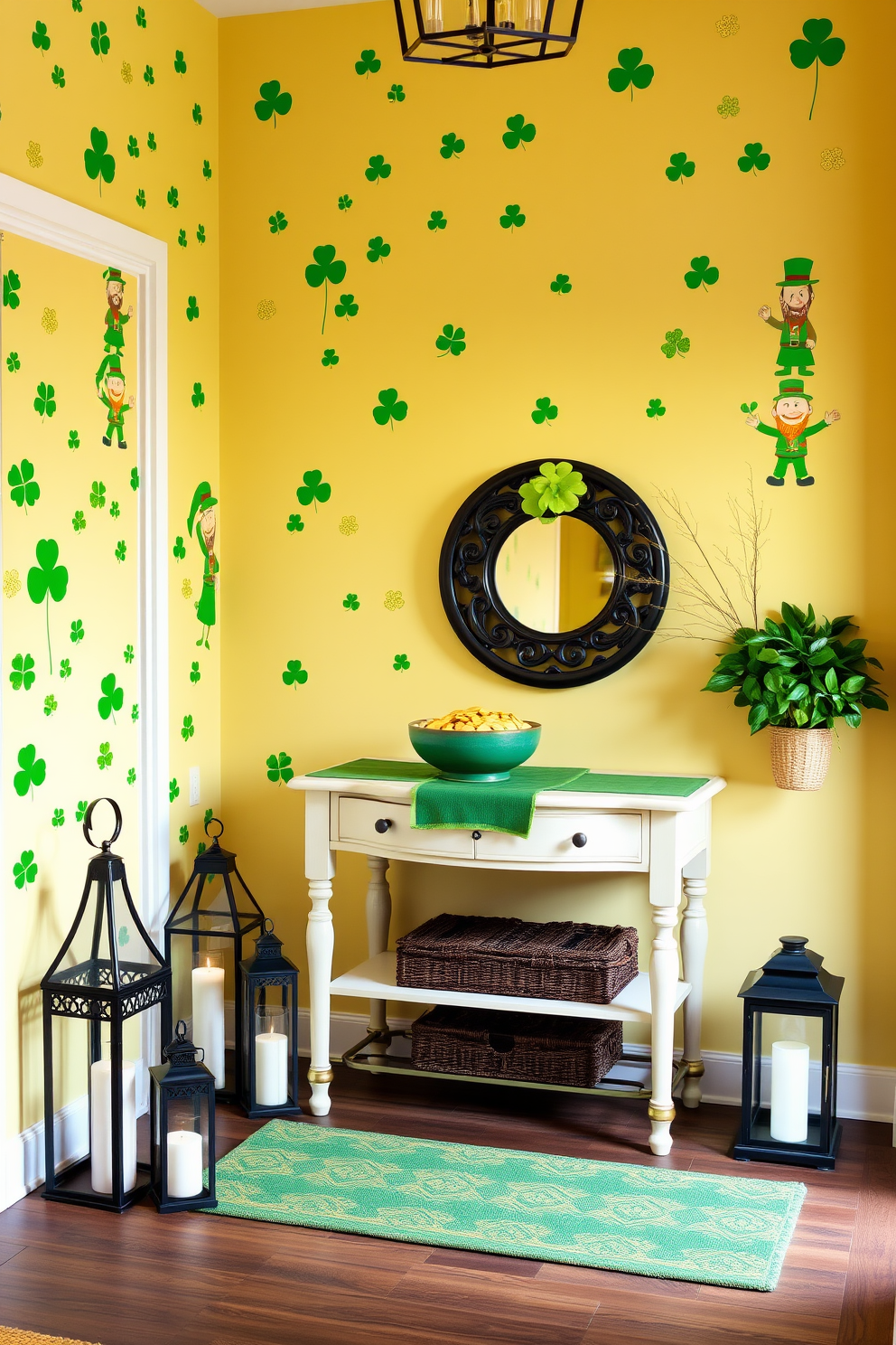 A vibrant entryway adorned with St Patrick's Day themed wall decals. The walls are decorated with shamrocks and leprechauns, creating a festive atmosphere that welcomes guests. A charming console table is placed against the wall, topped with a green runner and a bowl of gold coins. Lanterns with flickering candles and small potted plants add warmth and a touch of nature to the space.