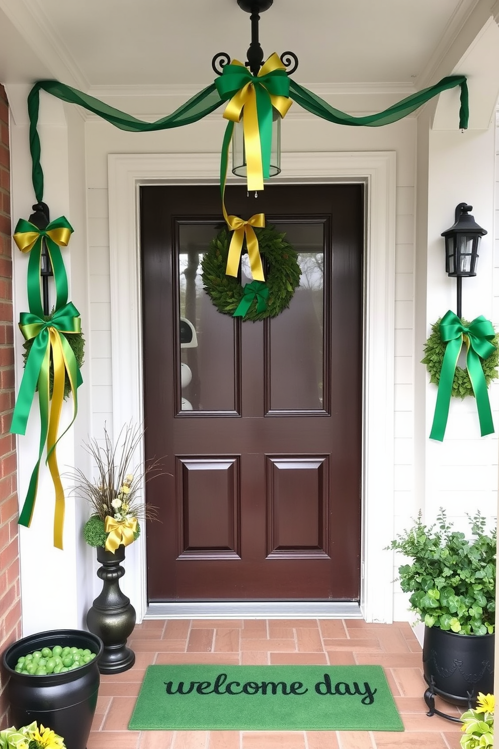 A charming entryway adorned for St. Patrick's Day features green and gold ribbons elegantly tied around the fixtures. The space is enhanced with festive decorations such as shamrock wreaths and a welcoming green doormat.