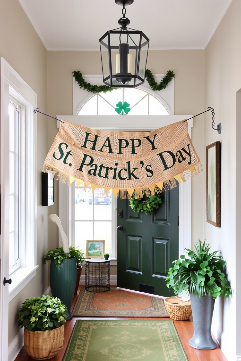 A charming entryway adorned with a burlap banner that reads Happy St Patricks Day. The space features green accents with festive decorations like shamrocks and gold accents to create a warm and inviting atmosphere.