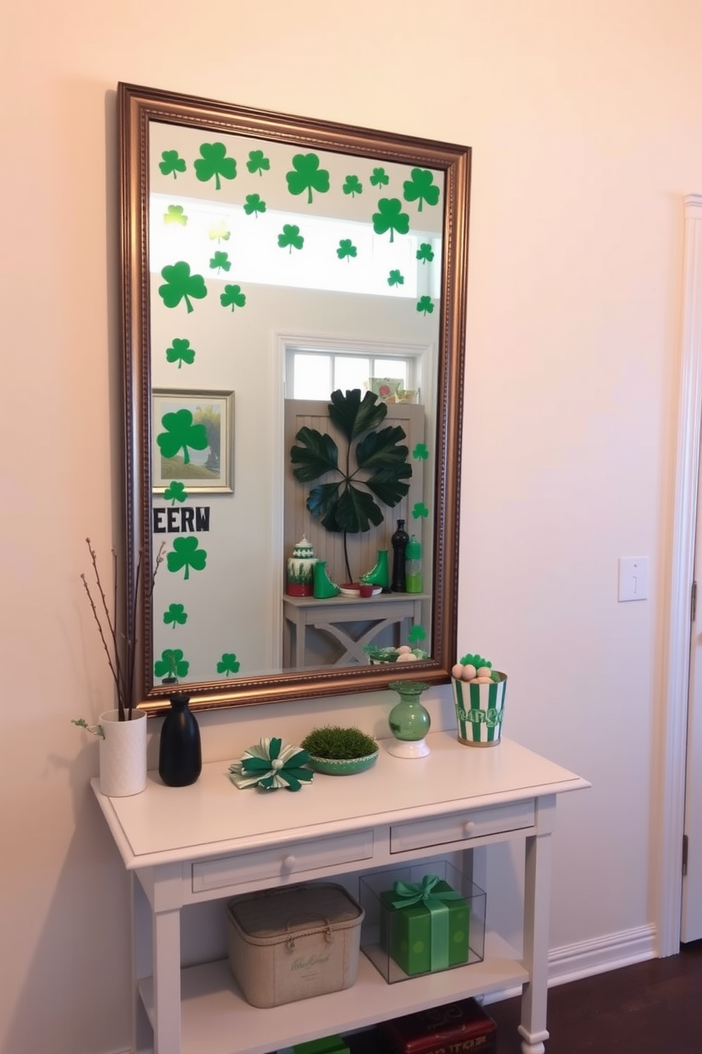 A cozy entryway featuring a stylish chair with a seasonal throw blanket draped over it. The space is adorned with festive St. Patrick's Day decorations, including green accents and shamrock motifs.