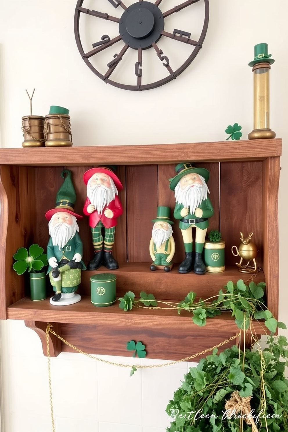 Vintage leprechaun figurines are artfully arranged on a rustic wooden shelf, adding a whimsical touch to the entryway. The shelf is adorned with green and gold accents, creating a festive atmosphere for St. Patrick's Day celebrations.