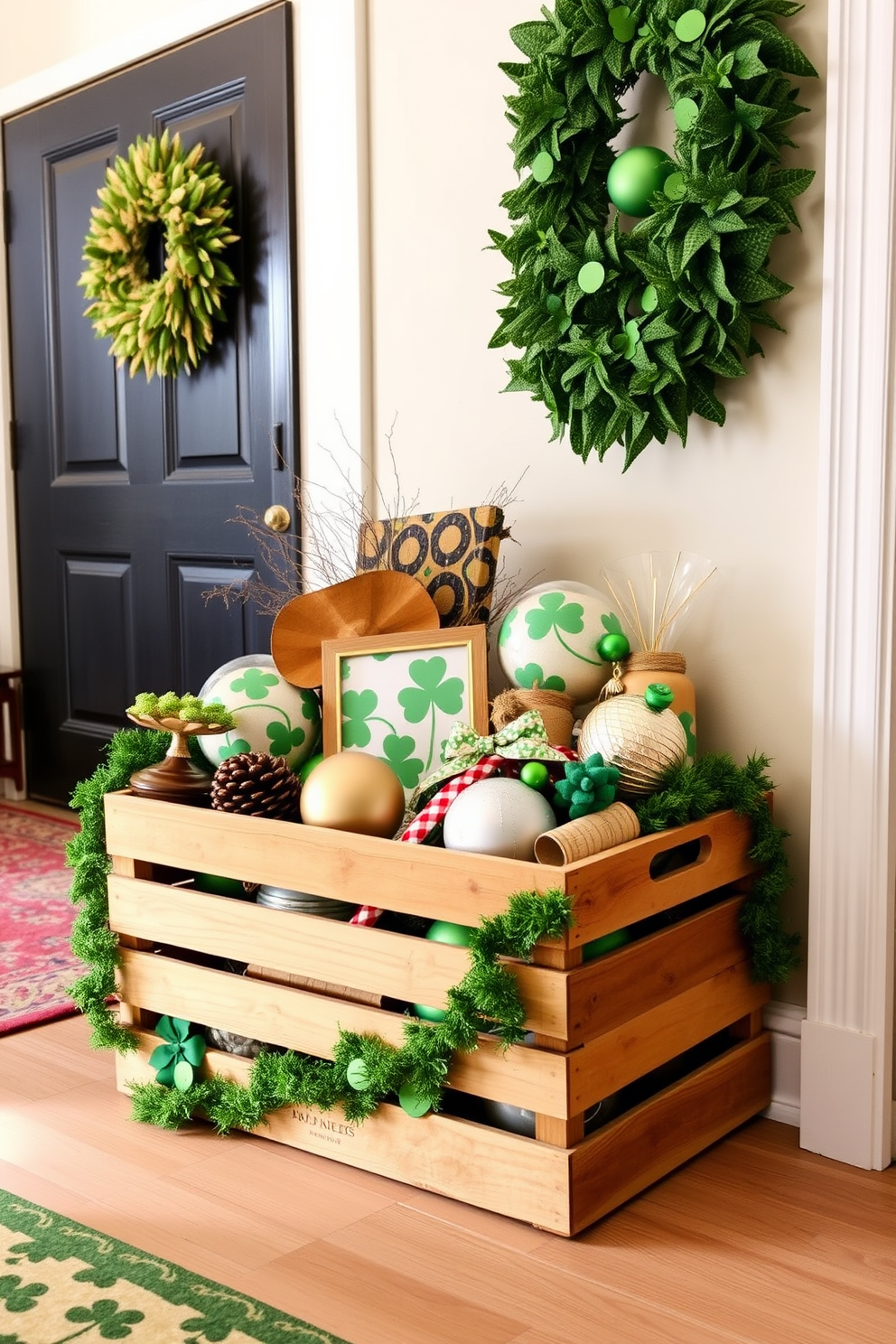 A wooden crate filled with seasonal decor items is positioned in a cozy entryway. The crate overflows with green garlands, shamrocks, and festive ornaments that evoke the spirit of St. Patrick's Day.