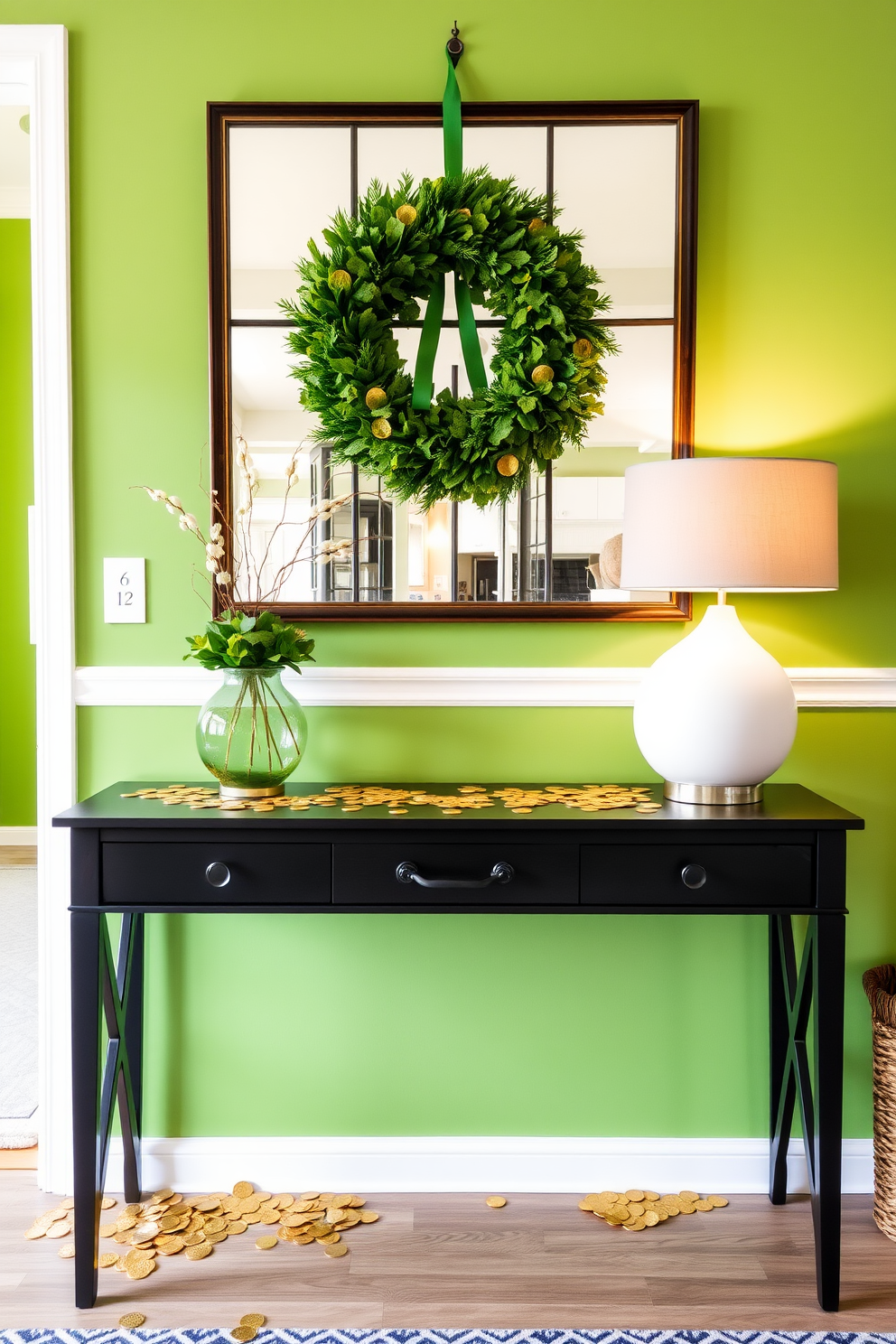 A stylish entryway table is adorned with a scattering of gold coins, creating a festive atmosphere. The backdrop features a vibrant green wall, complemented by a charming St. Patrick's Day wreath hanging above the table.