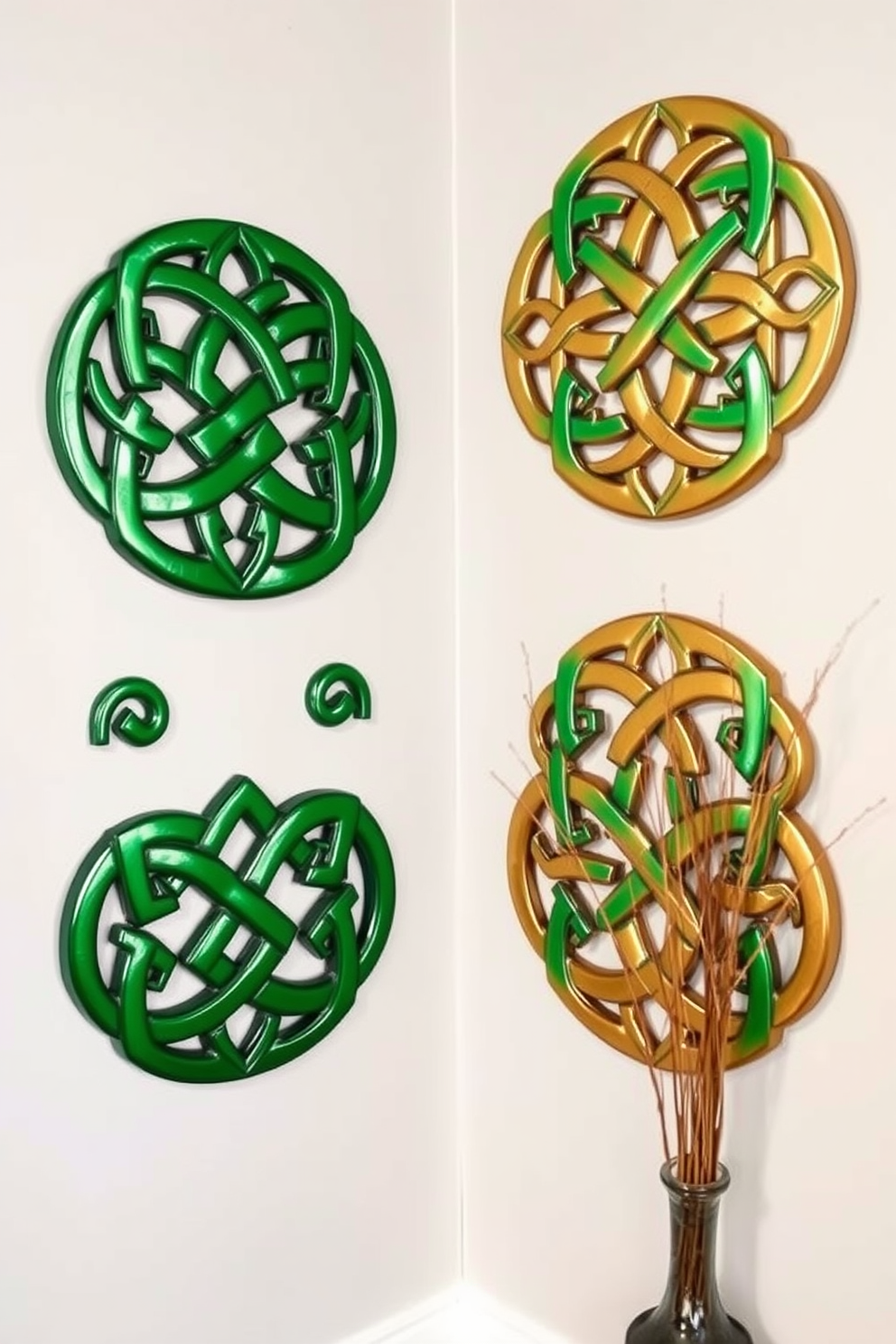 Celtic knot wall art adds a festive touch to the entryway, creating an inviting atmosphere for guests. The intricate designs in vibrant greens and golds celebrate the spirit of St. Patrick's Day while enhancing the overall decor.