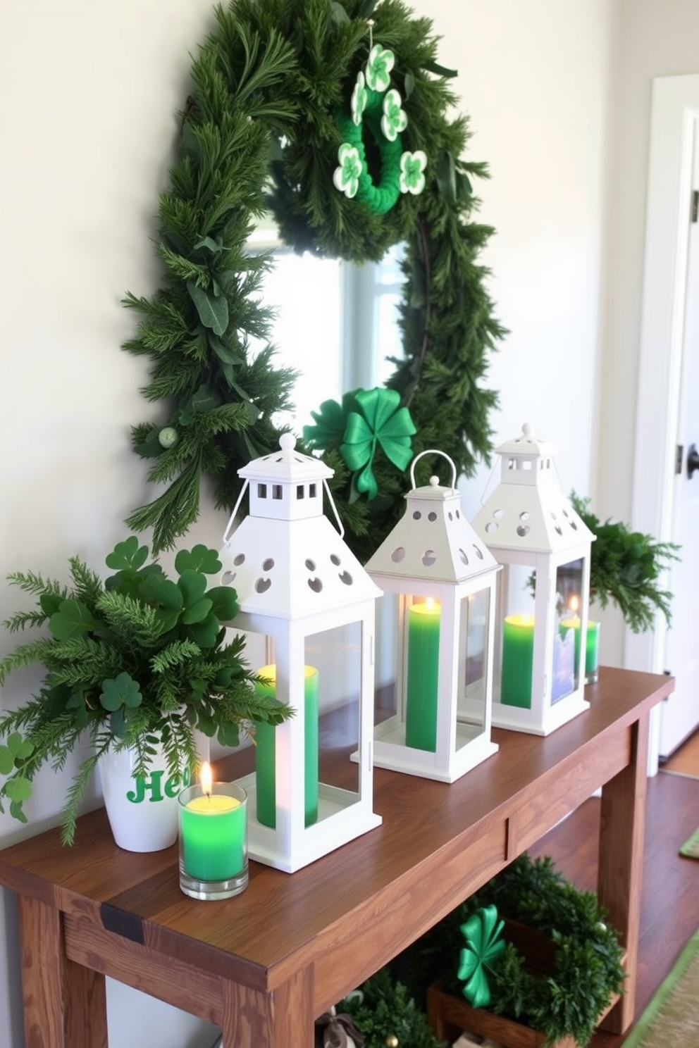 A charming entryway adorned for St. Patrick's Day features white lanterns with green candles glowing warmly inside. The lanterns are arranged on a rustic wooden console table, surrounded by fresh greenery and festive decorations that celebrate the holiday spirit.