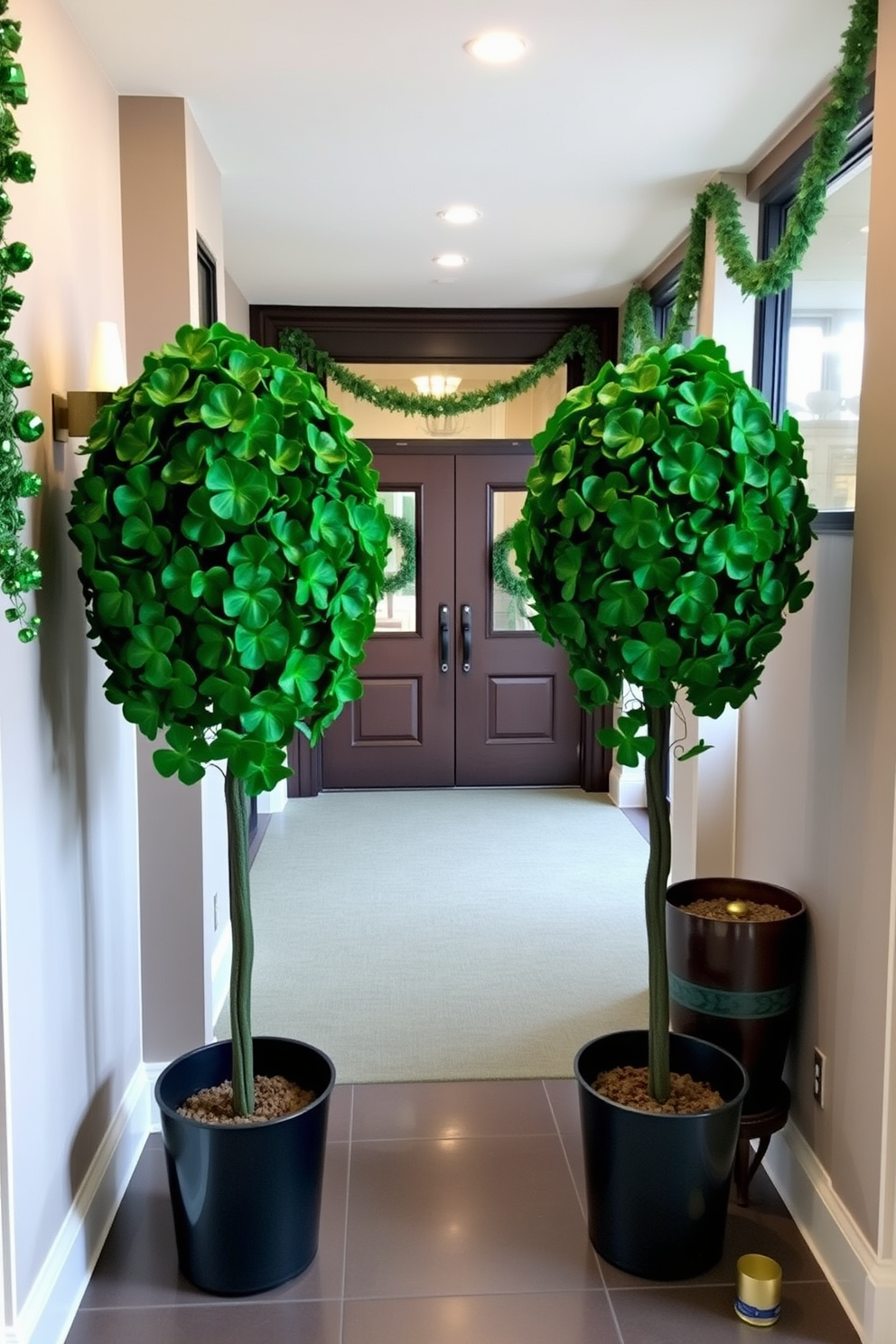 Shamrock topiary plants stand elegantly on either side of the entryway, welcoming guests with their vibrant green hues. The space is adorned with subtle St. Patrick's Day decorations, including garlands of shamrocks and gold accents that enhance the festive atmosphere.