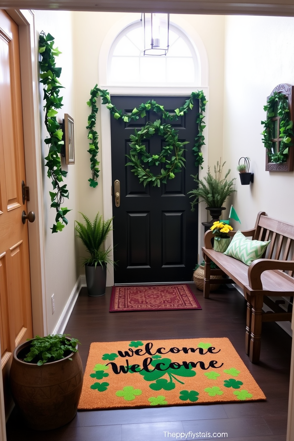 A charming entryway featuring a St Patrick's Day themed welcome mat adorned with vibrant green shamrocks. The walls are painted in a soft cream color, and a rustic wooden bench sits against one side, decorated with small potted plants and festive garlands.