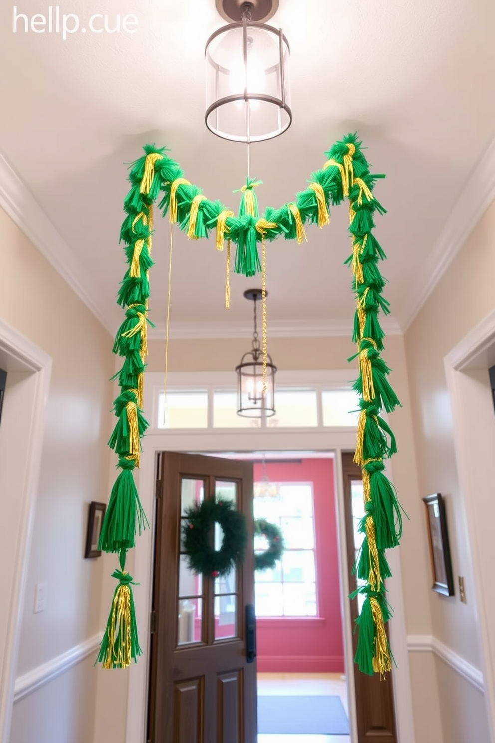 A stunning table centerpiece featuring a collection of gold coins scattered among vibrant green clovers. The arrangement is set on a crisp white tablecloth, complemented by soft candlelight to create a warm and inviting atmosphere. In the entryway, a festive display of St. Patrick's Day decorations welcomes guests with charm and whimsy. A garland of shamrocks drapes elegantly across the console table, while a cheerful wreath adorned with green accents hangs on the door.