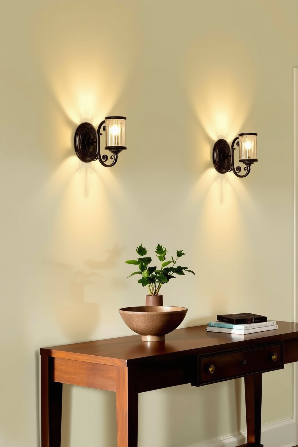 Elegant wall sconce lighting casts a warm glow in the entryway, creating an inviting atmosphere. The sconces are designed with intricate details and soft, diffused light that highlights the space beautifully. The entryway table features a sleek design with a rich wood finish, complemented by stylish decor elements. A decorative bowl and a small potted plant sit atop the table, adding a touch of greenery and sophistication.