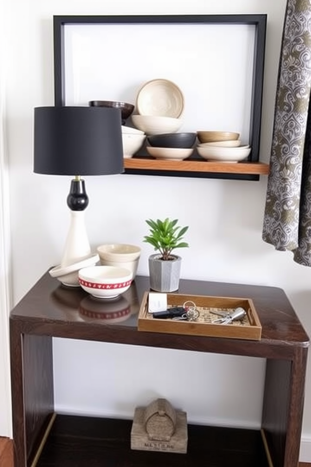 A stylish entryway features wall-mounted shelves made of reclaimed wood, adorned with curated decor items such as books and small potted plants. Below, an elegant entryway table with a sleek metal frame and a glass top complements the space, providing a functional surface for keys and mail.