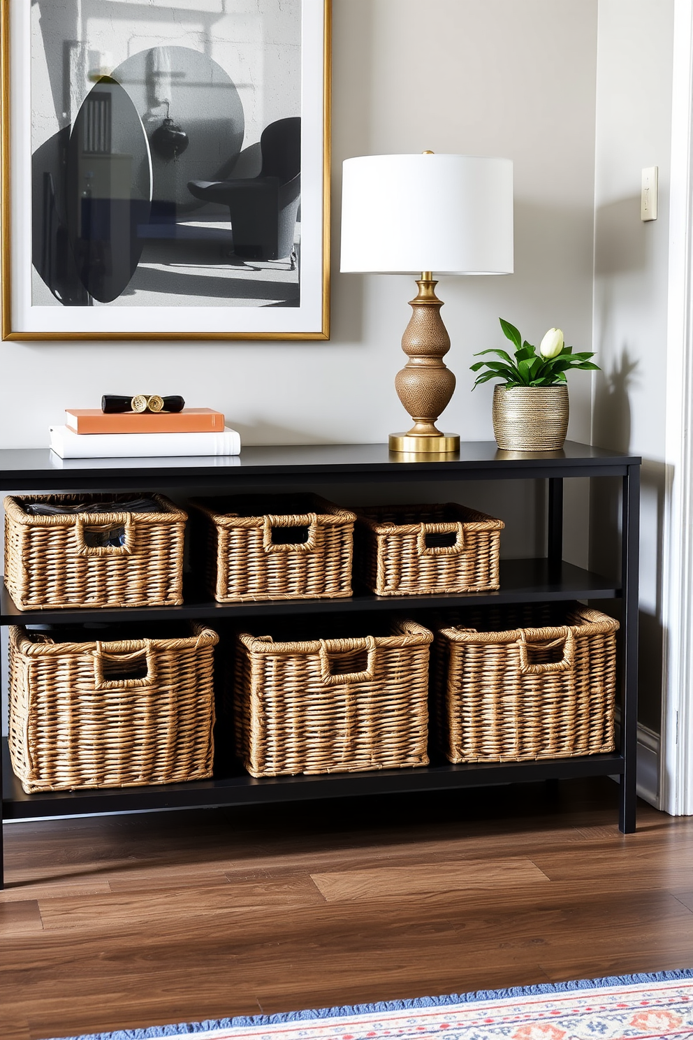 A stylish entryway featuring woven baskets for organized storage, arranged neatly beneath a sleek console table. The table is adorned with a decorative lamp and a small potted plant, creating a welcoming atmosphere.