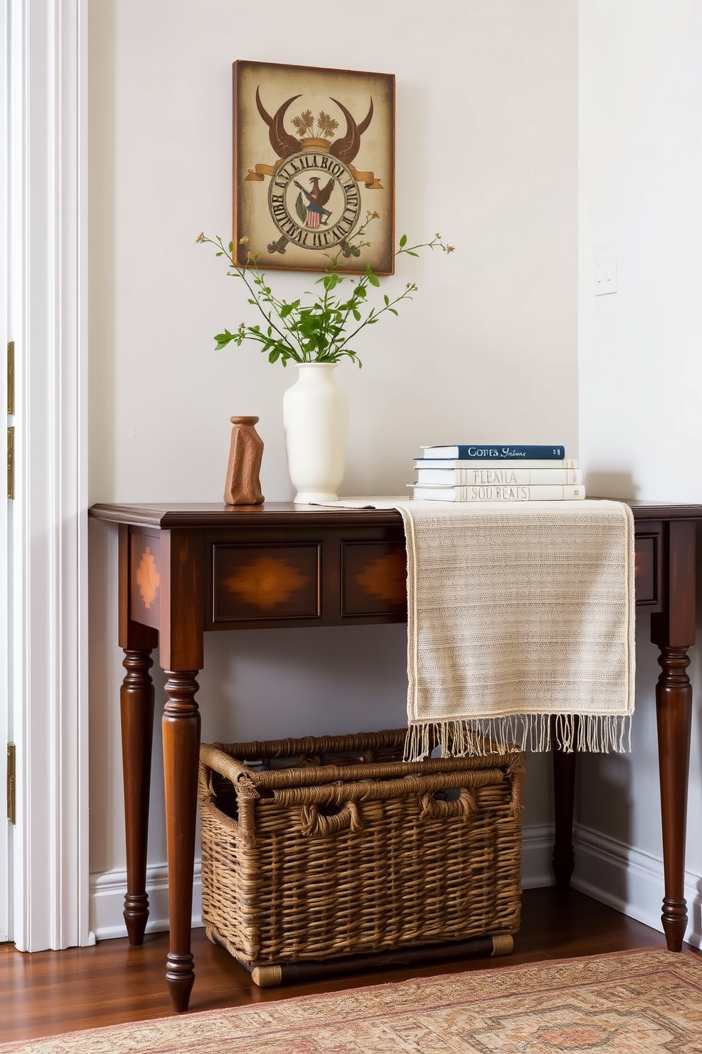 A stylish entryway table adorned with decorative trays that elegantly group various items. The table features a sleek design with a warm wood finish, topped with a collection of curated decor pieces and fresh flowers in a vase.