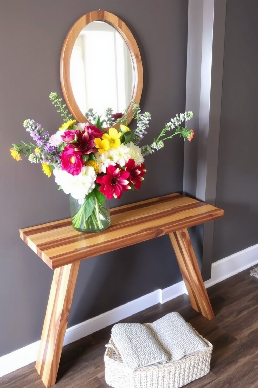 A stylish entryway table adorned with fresh flowers in a decorative vase. The table is made of reclaimed wood with a sleek, modern design, complemented by a small mirror hanging above it.