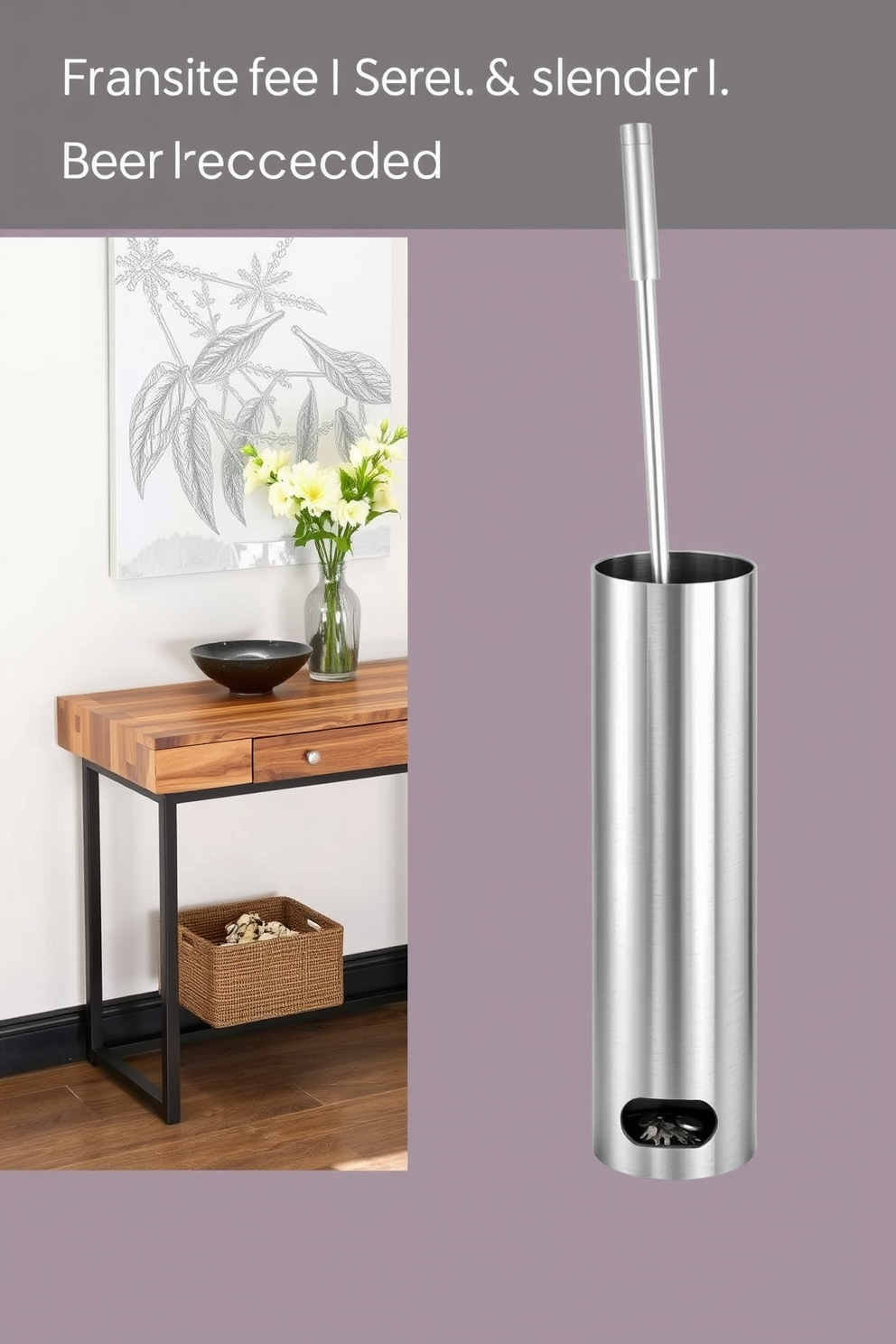 A stylish umbrella stand made of brushed stainless steel with a sleek cylindrical shape. It features a drainage hole at the bottom and is adorned with a minimalist design, allowing it to blend seamlessly into modern entryway decor. An entryway table designed with a reclaimed wood top and black metal legs for a rustic yet contemporary look. The table includes a small drawer for storage and is decorated with a vase of fresh flowers and a decorative bowl for keys.