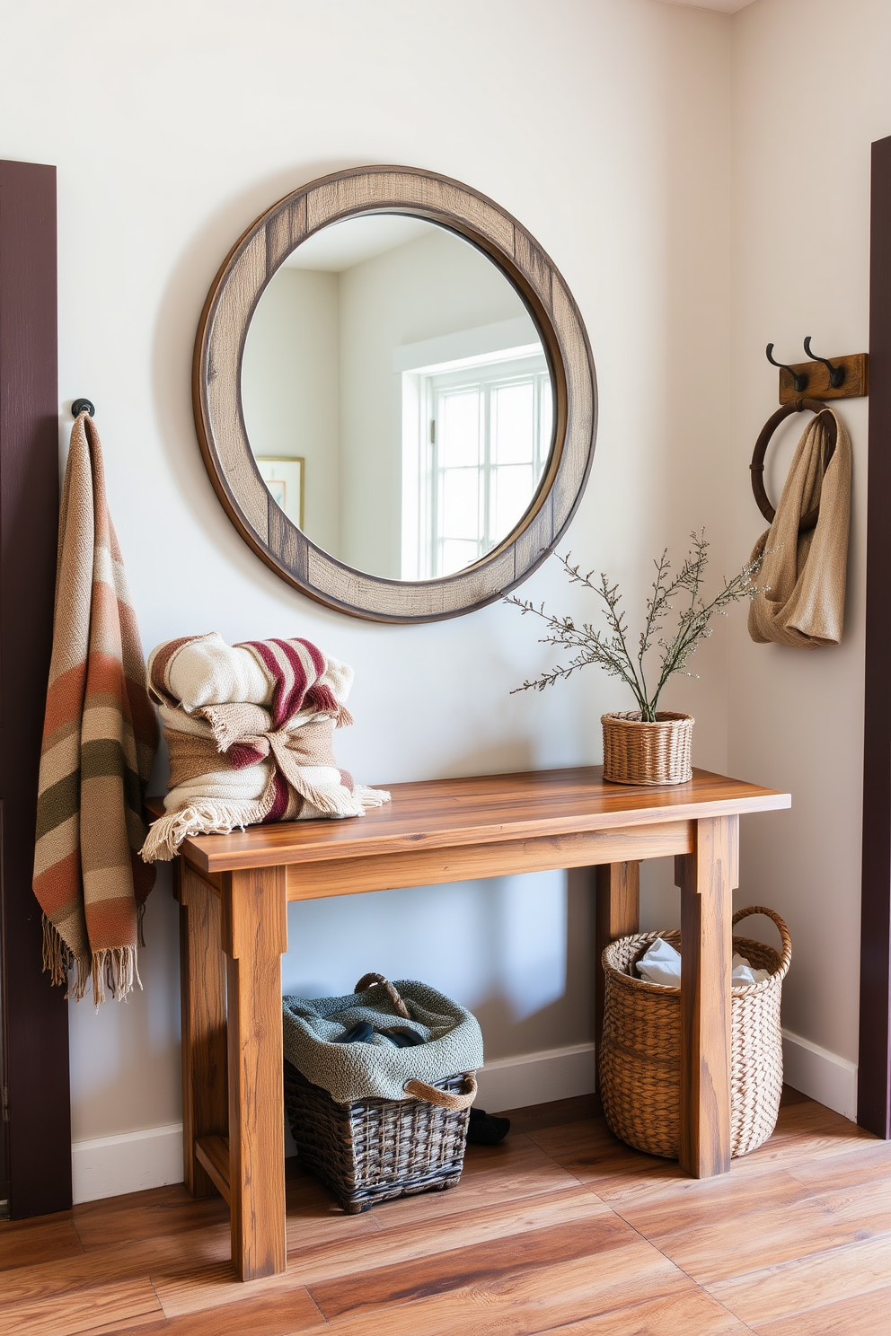 A charming entryway featuring a reclaimed wood table with a distressed finish. Above the table, a large round mirror with a weathered frame reflects the warm tones of the wood. To the side of the table, a woven basket holds cozy blankets, adding texture and functionality. The walls are adorned with rustic hooks for hanging coats and hats, enhancing the inviting atmosphere.