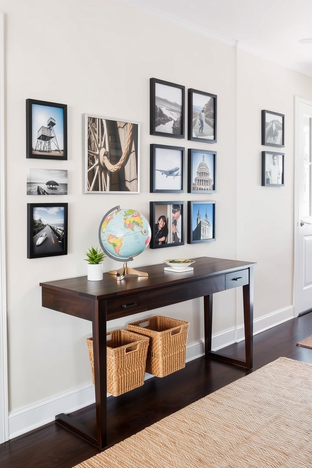 A stylish entryway featuring a sleek console table made of dark wood. On the table, a vintage globe sits beside a small potted plant and a decorative bowl for keys. The walls are adorned with a gallery of framed travel photos that evoke a sense of adventure. A woven rug in earthy tones lies beneath the table, adding warmth and texture to the space.